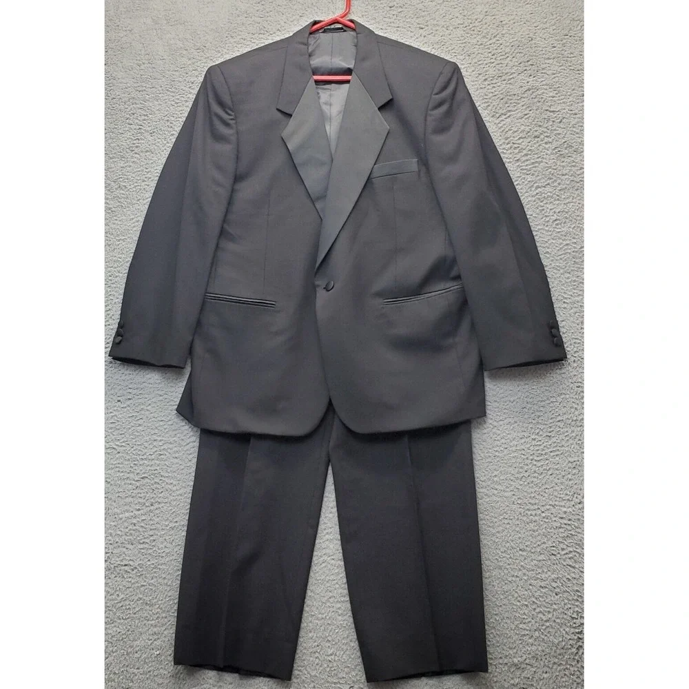 Franko Lanzetti Two Piece Suit Mens 44 Black 100% Wool Tuxedo Single Breasted